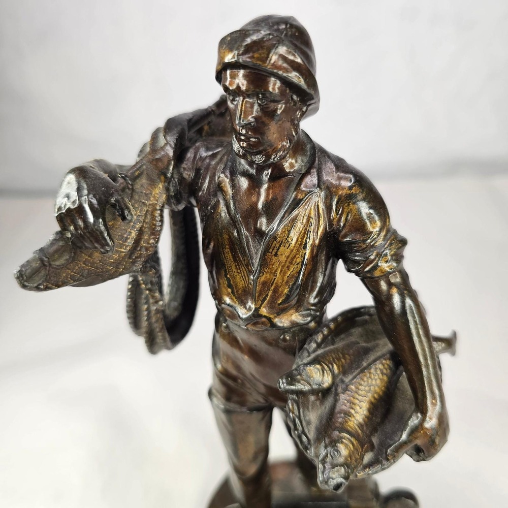 Vintage Bronze Fisherman‎ Statue with Fish and Duck on Anchor Base
